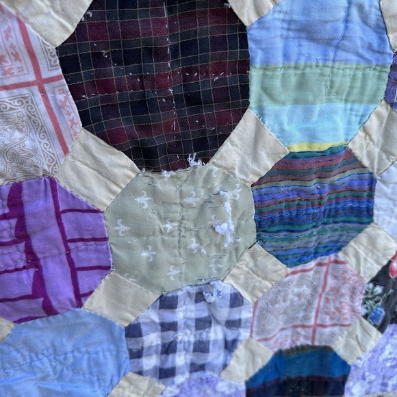 Vintage Hand Pieced Snowball Quilt Hand Sewn Multicolor Floral 82 X 72 Flaws - Picture 9 of 12